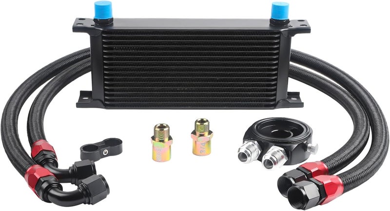 TomGoo Universal 16 Row Oil Cooler Kit, 10AN Transmission Engine Cooler Kit —Stacked Plate universal racing aluminum engine transmission oil cooler — Engine British Radiator Oil Cooler Condenser （black） - Image 1